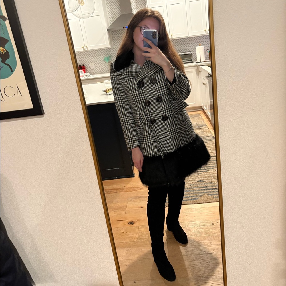 Marc Jacobs Houndstooth Coat with Faux Fur Trim